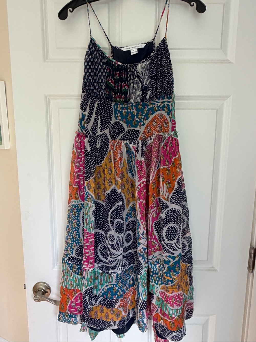 Diane Von Furstenberg Navy Floral Patchwork Maxi Silk Dress M - Picture 7 of 8